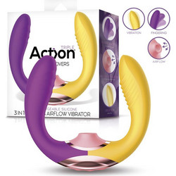 Action Two Lovers in Finger & Airflow Vibrator Κίτρινος Διπλός Δονητής Μωβ