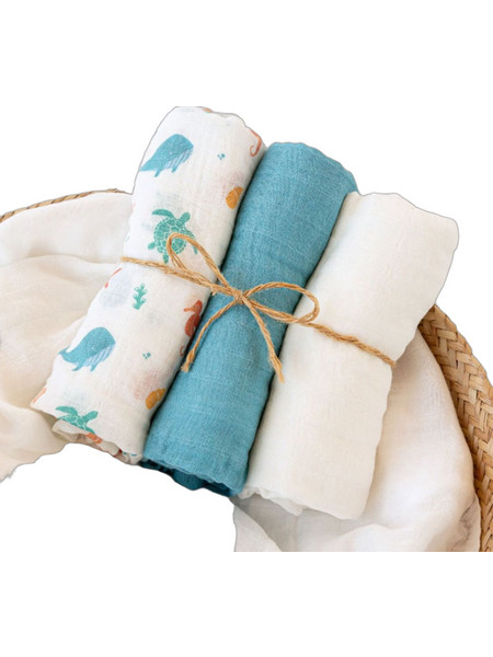 Kiokids Ocean Πάνες Αγκαλιάς από Μουσελίνα Μπλε Μπεζ 70x70cm 3τμχ 6403