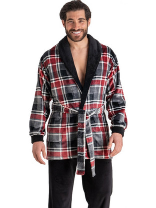 Rachel Χειμωνιάτικη Ανδρική Ρόμπα Fleece Καρό Μπορντό 13598