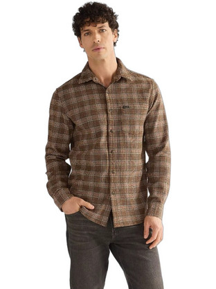 Wrangler Ανδρικό Πουκάμισο Βαμβακερό Καρό Μακρυμάνικο Κανονική Γραμμή Καφέ 112386948