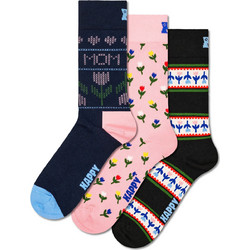 Happy Socks Mother's Tulip Βαμβακερές Γυναικείες Κάλτσες Μαύρες Ροζ με Σχέδια 3Pack P006055-1000