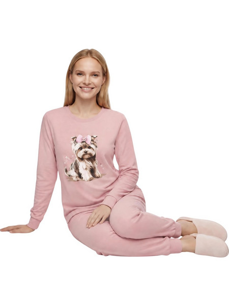PNN Nightwear Yorkshire Terrier Σετ Γυναικείες Πιτζάμες Χειμωνιάτικες Βαμβακερές Ροζ 1271-1604-1