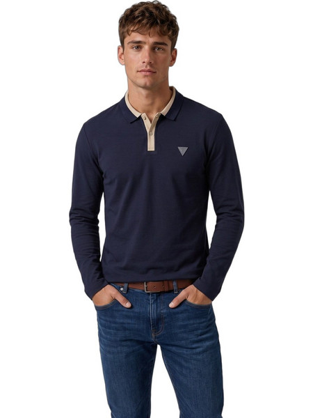Guess LS Detailed Textured Ανδρική Μπλούζα Polo Μακρυμάνικη Dark Blue