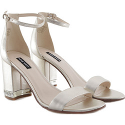 Nine West ABIGAIL Γυναικεία Πέδιλα Δερμάτινα Χρυσά με Χοντρό Ψηλό Τακούνι