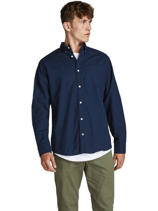 Jack & Jones Ανδρικό Πουκάμισο Βαμβακερό Μακρυμάνικο Slim Fit Navy Μπλε 12182486