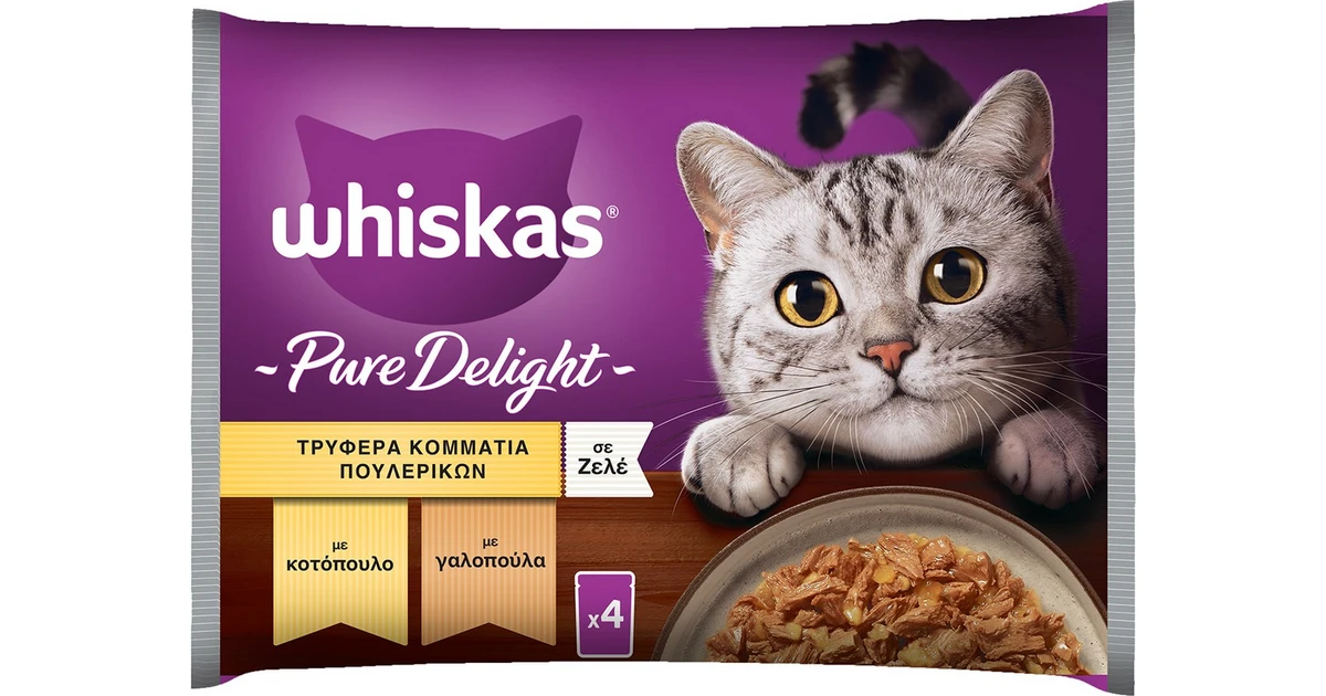 Whiskas Pure Delight Γαλοπούλα & Κοτόπουλο σε Ζελέ 4x85gr BestPrice.gr