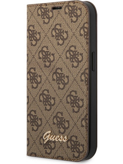 Guess 4G Logo Collection Script Metal Logo Θήκη προστασίας από δερματίνη τύπου folio - iPhone 14 Plus (Καφέ)