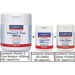 Lamberts Vitamin C Time Release 1000mg 180 ταμπλέτες & Lamberts Vitamin D3 2000iu 60 κάψουλες & Lamberts Zinc 25mg (Citrate) 120 ταμπλέτες