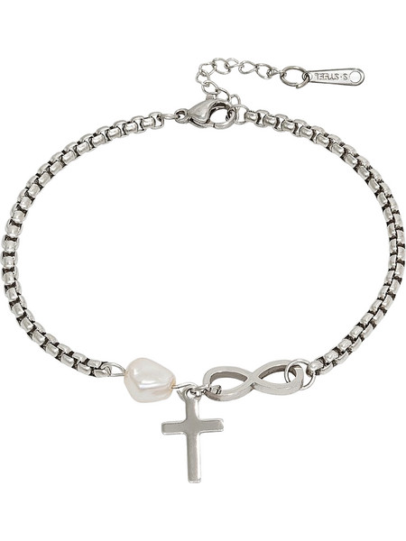 Ghetto Fashion 8" Cross Pearl Βραχιόλι Ασημί