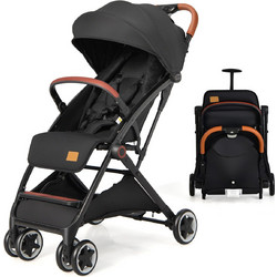Costway Πτυσσόμενο καροτσάκι με ρυθμιζόμενη πλάτη, σκίαστρο και ποτηροθήκη, Μαύρο BC10067BK