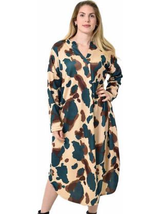 Midi Σεμιζιέ Φόρεμα Abstract Animal Print - Άνετη Γραμμή Πετρόλ 27285