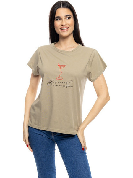 B&apos, Γυναικείο t-shirt με τύπωμα &apos,&apos,RED COCTAIL&apos,&apos, 53-106-008 055 KHAKI