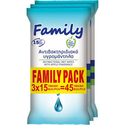 Υγρομάντηλα Αντιβακτηριακά Family Πράσινο Μήλο - 15 τμχ. (3 Πακέτα)
