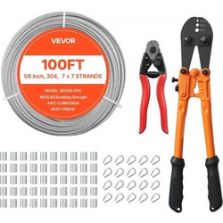 Σετ συρματόσχοινου VEVOR 3,2 mm, μήκος 30,5 m, καλώδιο από ανοξείδωτο χάλυβα 304 με κόφτη, αντοχή θραύσης 7,1 kN, κατασκευή 7 x 7 κλώνων, χαλύβδινο καλώδιο για σύστημα κάγκελων, πέργκολα κήπου