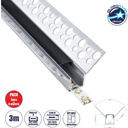 GLOBOSTAR(R) ALP-PLASTERIN GYPSO 70837-3M Χωνευτό Προφίλ Αλουμινίου Ειδικό για Εσωτερική Γωνία Γυψοσανίδας με Μαύρο Φιμέ Πατητό Κάλυμμα για Ταινίες LED IP20 - Ασημί & Μαύρο - Μ300 x Π3.1 x Υ1.3cm - Πα