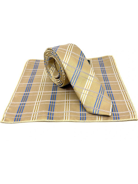 Χρυσαφί-Μπλε Γραβάτα Καρό Microfiber Σετ με Μαντήλι 6,5 cm