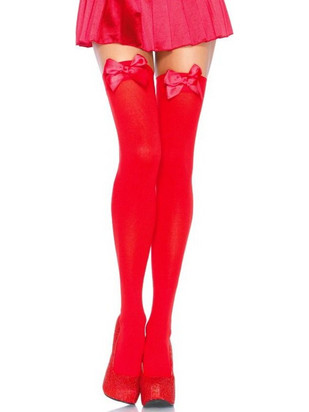 LEG AVENUE NYLON THIGH HIGHS WITH BOW RED ONE SIZE