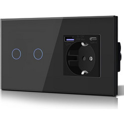 Έξυπνος Διακόπτης Αφής WiFi με Πρίζα Schuko, USB & Type-C - ΜΑΥΡΟ
