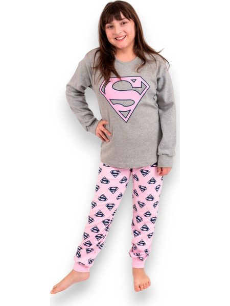 Nina Club Super Girl Παιδική Πιτζάμα Βαμβακερή Χειμωνιάτικη Γκρι Ροζ 144-24-01