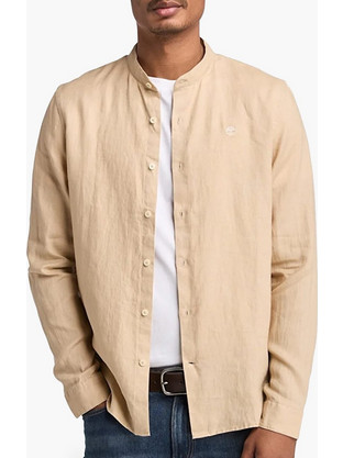 Timberland Ανδρικό Πουκάμισο Λινό Μακρυμάνικο Slim Fit Overshirt με Mao Γιακά Μπεζ TB0A2DC1Y941