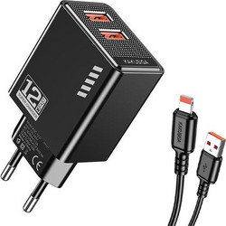 Kakusiga KSC-1238 Φορτιστής με Καλώδιο Lightning με 2 Θύρες USB-A 12W Black