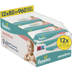 Pampers Sensitive Μωρομάντηλα Χωρίς Οινόπνευμα Άρωμα & Parabens 12x80τμχ