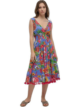 Inart Ble Midi Καλοκαιρινό Καθημερινό Φόρεμα Floral Μπλε 5-41-402-0002