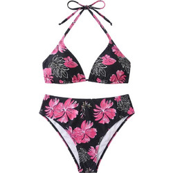 AnnaMu Bikini Set Τριγωνάκι Ψηλόμεσο Floral Μαύρο Φούξια A-1187
