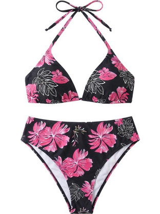 AnnaMu Bikini Set Τριγωνάκι Ψηλόμεσο Floral Μαύρο Φούξια A-1187