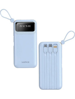 Sunix Power Bank 10000mAh με Ενσωματωμένα Καλώδια USB-C Lightning & micro USB Light Blue 70041156