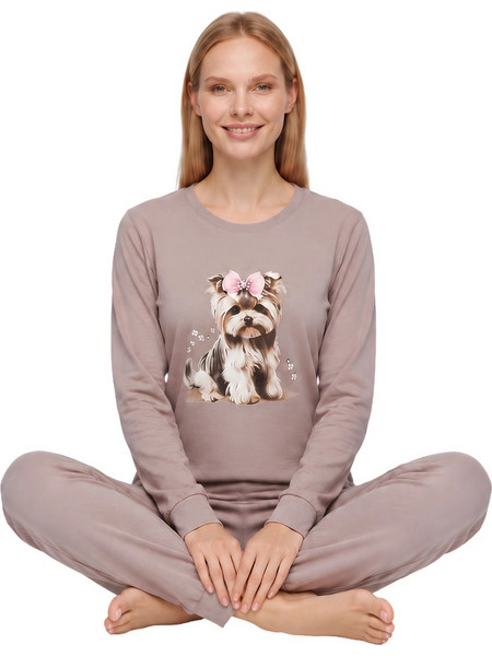 PNN Nightwear Yorkshire Terrier Σετ Γυναικείες Πιτζάμες Χειμωνιάτικες Βαμβακερές Καφέ 1271-1604-2