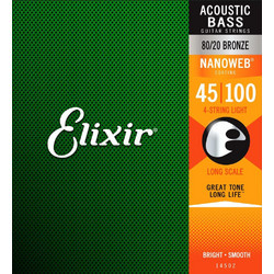 Elixir Strings 14502 Σετ 4 Χορδές Ακουστικού Μπάσου 80/20 Bronze 45-100" Light Tension