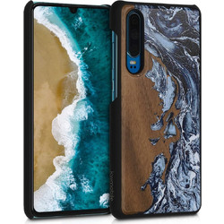 KW Σκληρή Ξύλινη Θήκη Huawei P30 - Watercolor Waves White / Black / Brown (200-105-176)