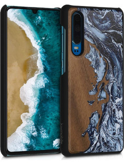 KW Σκληρή Ξύλινη Θήκη Huawei P30 - Watercolor Waves White / Black / Brown (200-105-176)