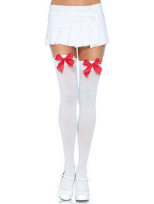 LEG AVENUE NYLON THIGH HIGHS WITH BOW WHITE +amp RED