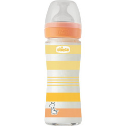 Chicco Well Being Γυάλινο Μπιμπερό με Θηλή Σιλικόνης κατά των Κολικών 0m+ Orange 240ml
