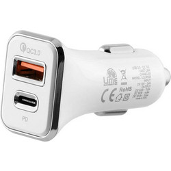 LIME - Universal DUAL USB 3.0/Type C Fast Car Charger QC 3.0 40W 5V-7A/9V-4.8A/12V-3.6A Λευκό LCUPD21 Lime