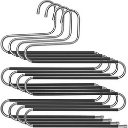 SONGMICS Trousers Hangers, Pack of 4 Space-Saving 5-Tier Metal Pants Hangers, S-Type Non-Slip Hangers for Jeans, Scarves, Towels, Ties, Silver and Black CRI043BK