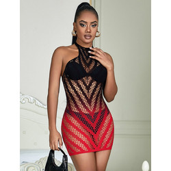 Black And Red Two-Color Gradient Stretchy Fishnet Bodystocking