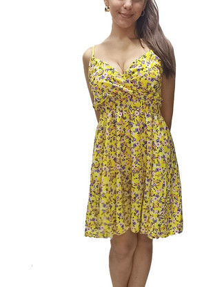 NEW COLLECTION Γυναικείο Κοντό Φόρεμα Σε Floral Σχέδιο Με Λεπτή Τιράντα ΚΙΤΡΙΝΟ
