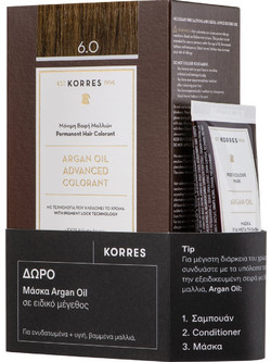Korres Argan Oil Advanced Colorant 6.0 Σκούρο Ξανθό Φυσικό Μόνιμη Βαφή Μαλλιών 50ml + Μάσκα Argan Oil 40ml
