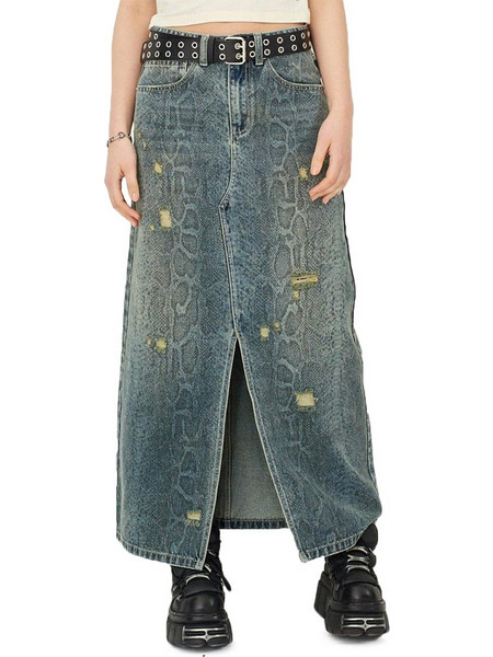 The Ragged Priest Distressed Denim Maxi Φούστα Snake Print RPHL241014DN