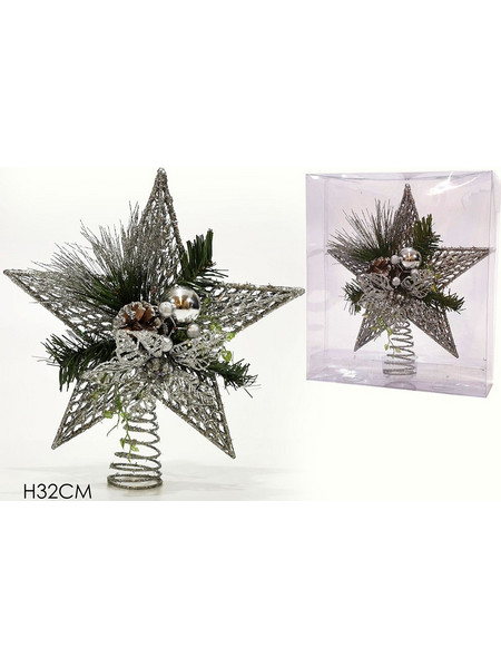Κορυφή Δέντρου Αστέρι Με Glitter Κλαδιά Κουνουνάρι Και Μπάλα Ασημί 32cm