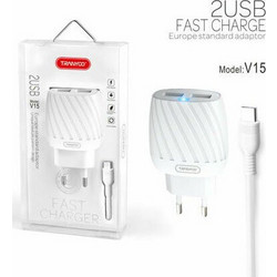 Tranyoo Φορτιστής με Καλώδιο Micro USB με 2 Θύρες USB-A White V15-V