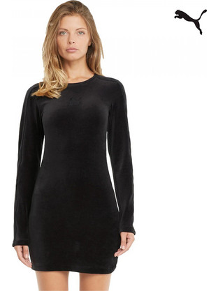 Puma Iconic T7 Velour Fitted Mini Καθημερινό Φόρεμα Βελούδινο Μαύρο 589764-01