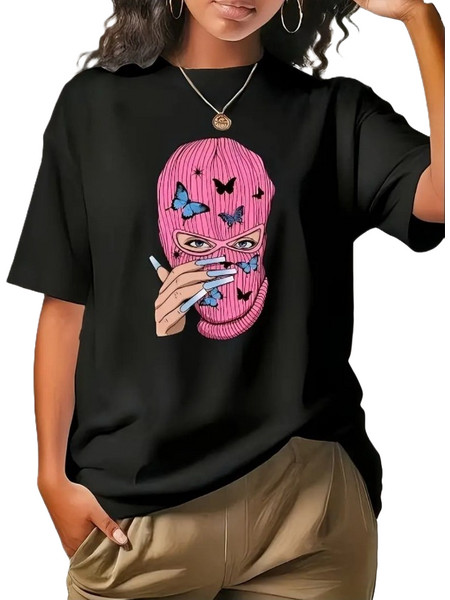 Ghetto Long Black T-shirt Balaclava Girl Stamp For Women