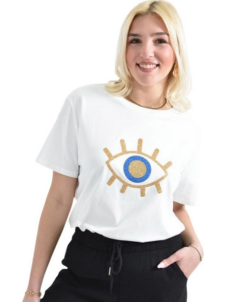 Γυναικείο T-shirt με χρυσό τύπωμα μάτι Λευκό 26393