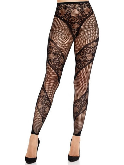 LEG AVENUE - LACE AND SHEER FOOTLESS TIGHTS BLACK