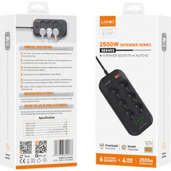 Πολύπριζο με διακόπτη - Power Strip with Switch Multi-socket Smart Guard LDNIO SE6403C with 6 EU Outlets 2500W & 2 USB-A & 2 USB-C 20W with 2m power cord Black (Κωδ.1-PER0065 )