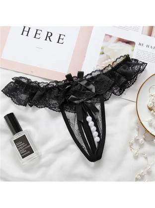 Lace Pearl Open Thong Black os
